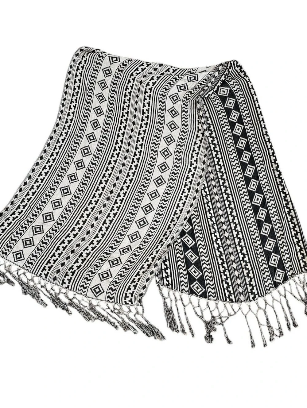 Vintage Y2K Large Boho Long Scarf Black White Aztec Print Fringe Hem
